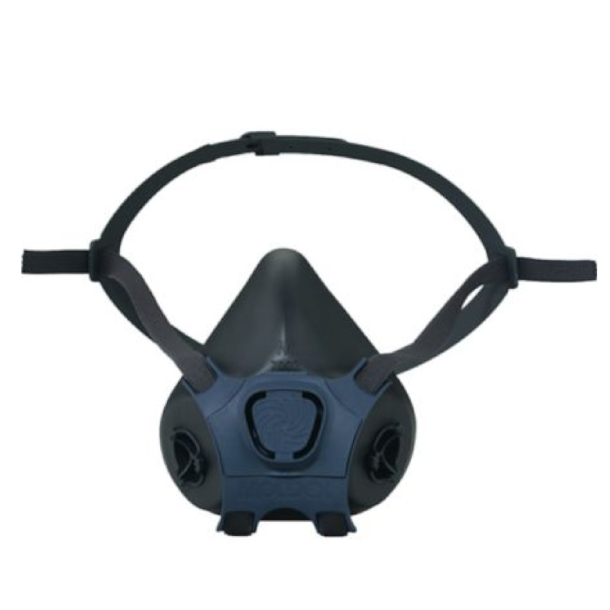 Eine schwarze Atemschutzmaske mit zwei seitlichen Filtern und elastischen Bändern. Die Maske hat eine dreieckige Form und eine zentrale Öffnung auf der Vorderseite. Sie ist für den Schutz vor Partikeln und Schadstoffen konzipiert.