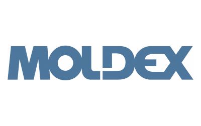 Das Bild zeigt das Logo der Marke "Moldex". Der Schriftzug ist in einer modernen, kräftigen Schriftart gestaltet und in blauer Farbe gehalten. Die Buchstaben sind groß und gut lesbar.