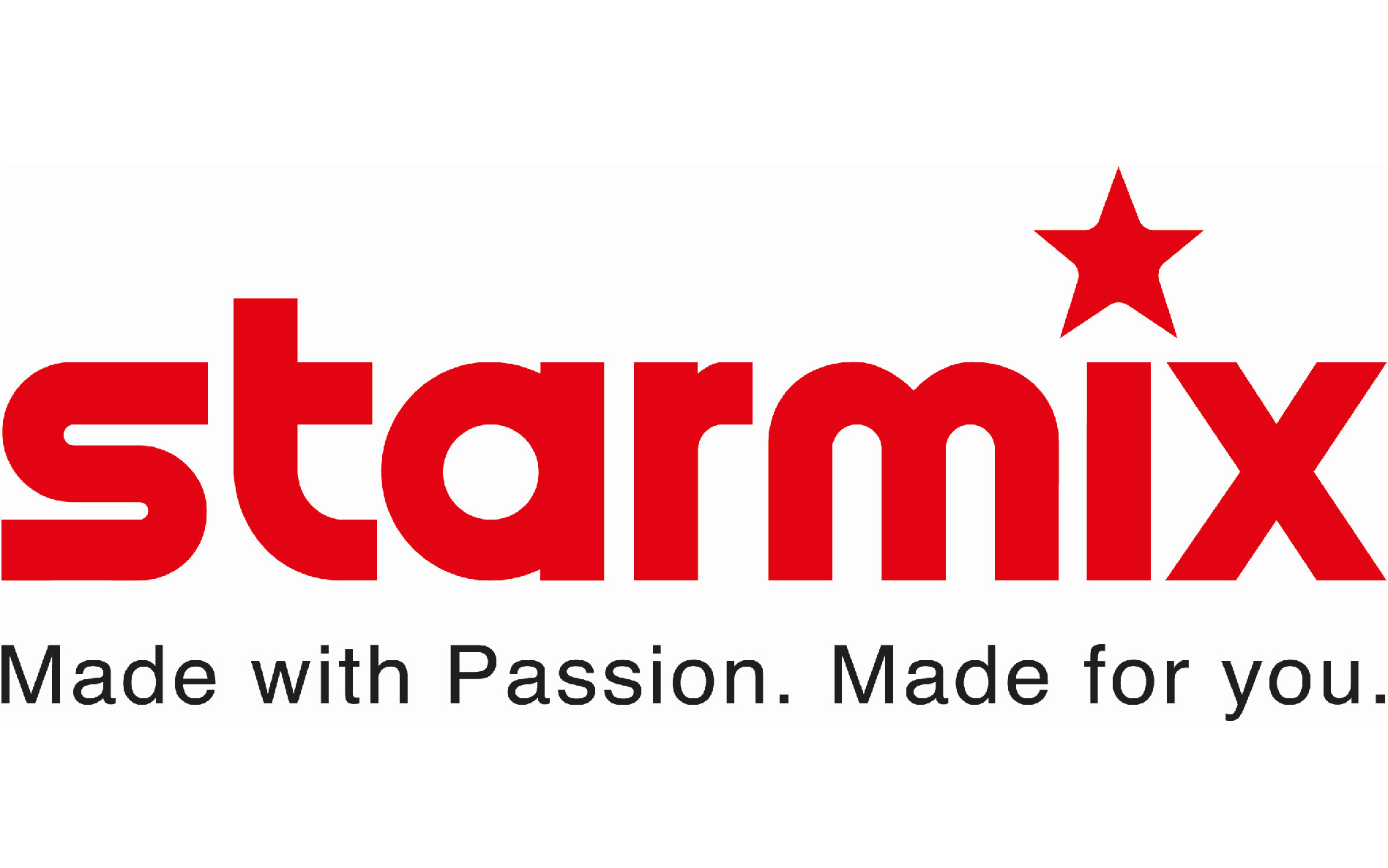 Logo von Starmix in roter Schrift, begleitet von einem roten Stern. Unter dem Logo steht der Slogan: "Made with Passion. Made for you."