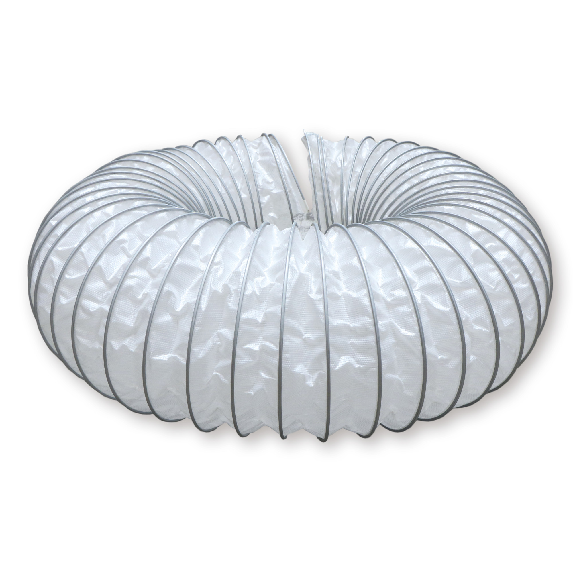 Ein flexibler, spiralförmiger Luftschlauch aus transparentem Material mit metallischen Verstärkungen. Der Schlauch hat eine wellenförmige Struktur und wird häufig in Belüftungs- oder Abluftsystemen eingesetzt.