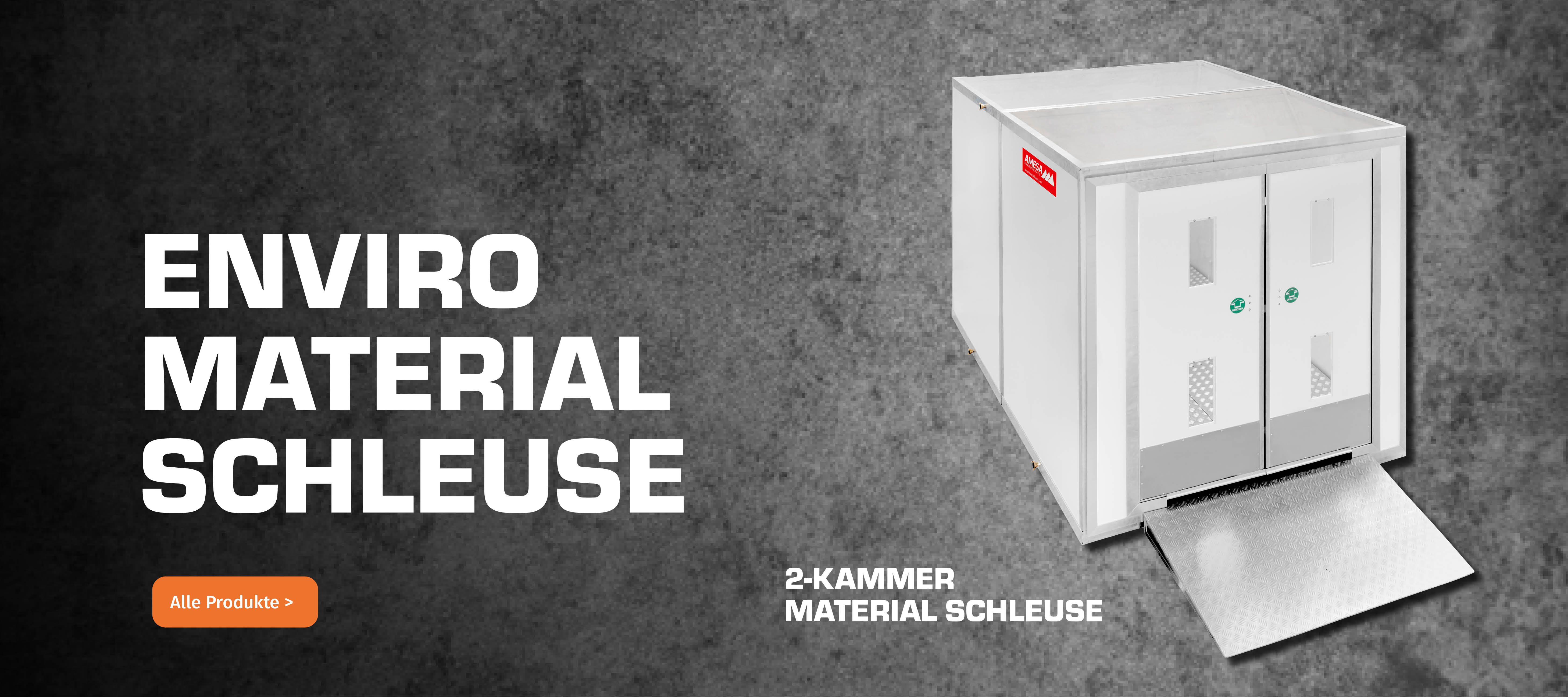 Bildbeschreibung: Eine 2-Kammer-Materialschleuse wird dargestellt, die aus einem metallischen Gehäuse mit zwei Türen besteht. Die Schleuse dient zum sicheren Transport von Materialien und ist auf einem grauen Hintergrund platziert.
