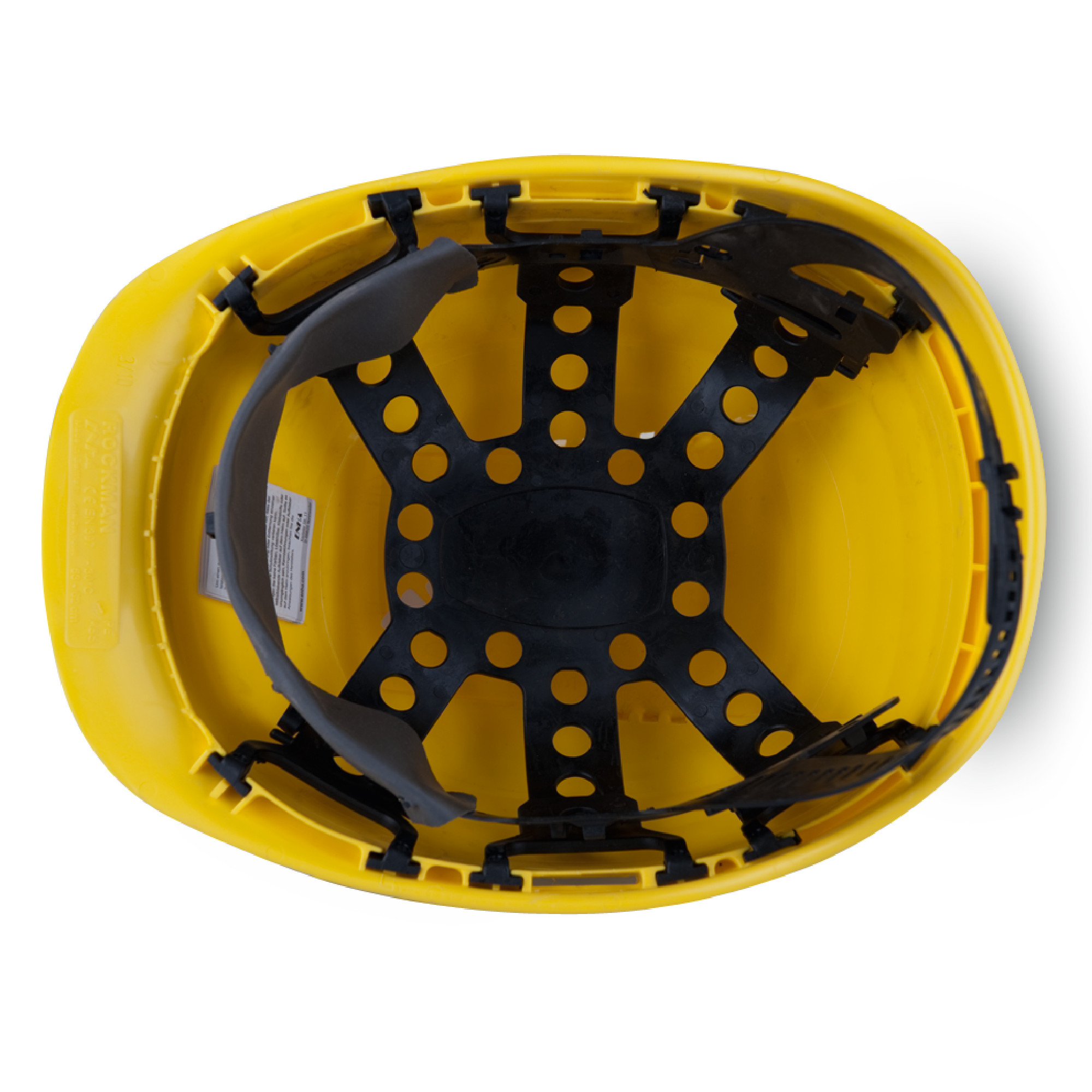 Ein gelber Helm, innen sichtbar, zeigt die Struktur mit einem schwarzen Netz. Die Riemen und Befestigungen sind gut zu erkennen, wodurch der Helm eine sichere Passform gewährleistet. Die Innenseite hat eine glatte Oberfläche und ist für den Schutz bei Arbeiten konzipiert.