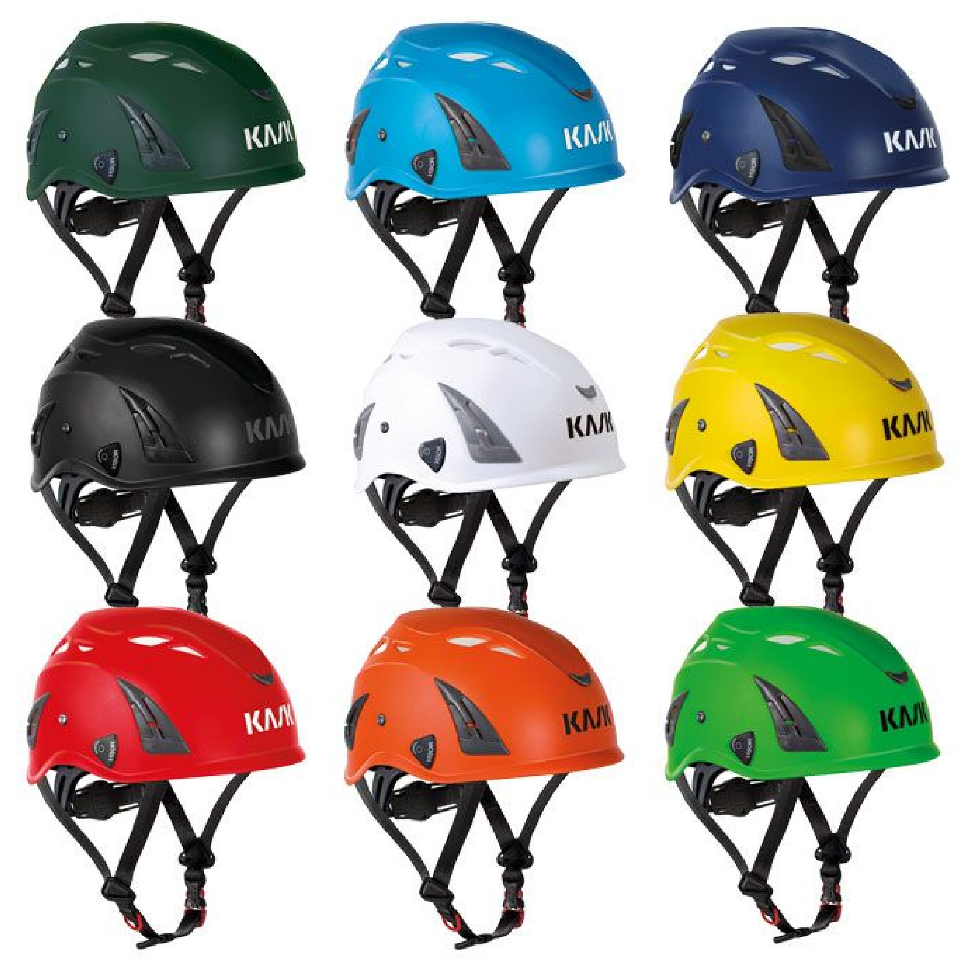 Das Bild zeigt eine Anordnung von zehn Helmen in verschiedenen Farben: grün, blau, dunkelblau, schwarz, weiß, gelb, rot, orange und grün. Die Helme sind sportlich gestaltet und besitzen Sicherheitsgurte. Sie sind gleichmäßig angeordnet, um die verschiedenen Farbvarianten deutlich darzustellen.