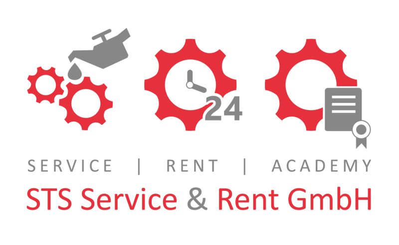 Das Bild zeigt das Logo der STS Service & Rent GmbH mit den drei Bereichen: Service, Vermietung (Rent) und Akademie. Symbole wie Zahnräder, eine Uhr und ein Zertifikat verdeutlichen die angebotenen Dienstleistungen. Der Schriftzug ist modern und klar gestaltet.