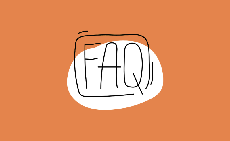 Text in deutscher Sprache: 

Ein orangefarbener Hintergrund mit der Aufschrift „FAQ“ in einer handschriftlichen Schriftart, umgeben von einer weißen, ovalen Form. Die Darstellung vermittelt Informationen zu häufig gestellten Fragen.