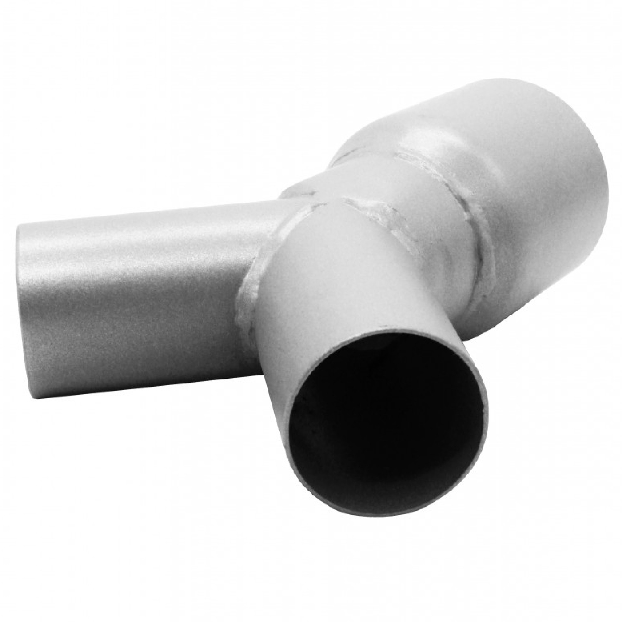 Ein silberner Rohrverbinder in Y-Form, der zwei Rohre zu einem dritten Rohr hin verbindet. Die Oberflächen sind glatt und metallisch, und die Verbindungsstellen sind geschweißt. Der Connector kann in Rohrsystemen oder Belüftungsanlagen eingesetzt werden.