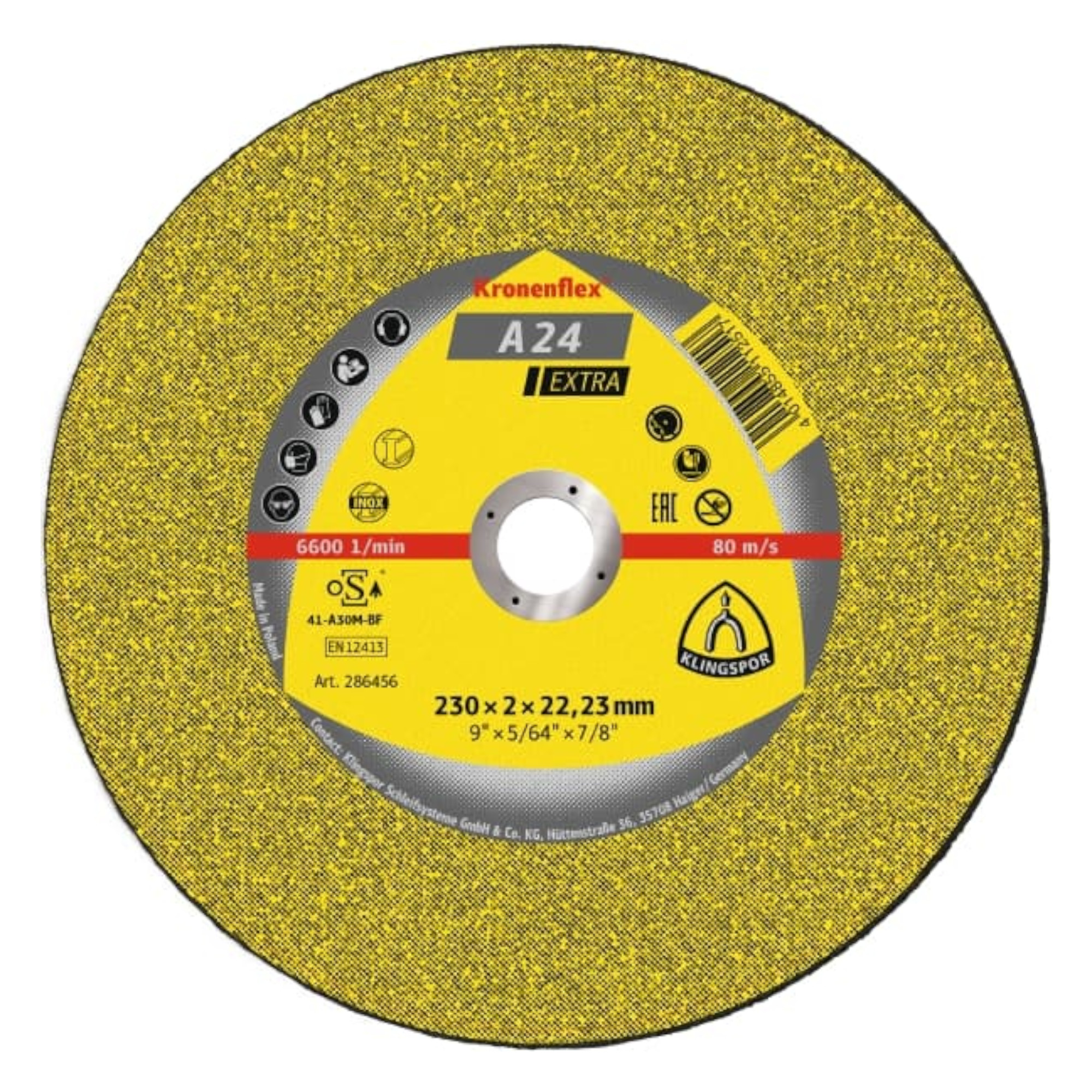 Eine abrasive Trennscheibe mit einem Durchmesser von 230 mm, einer Dicke von 2 mm und einem Kernloch von 22,23 mm. Die Oberfläche ist gelb mit einer feinen Textur, und die Scheibe ist für hohe Drehzahlen ausgelegt (6600 U/min).