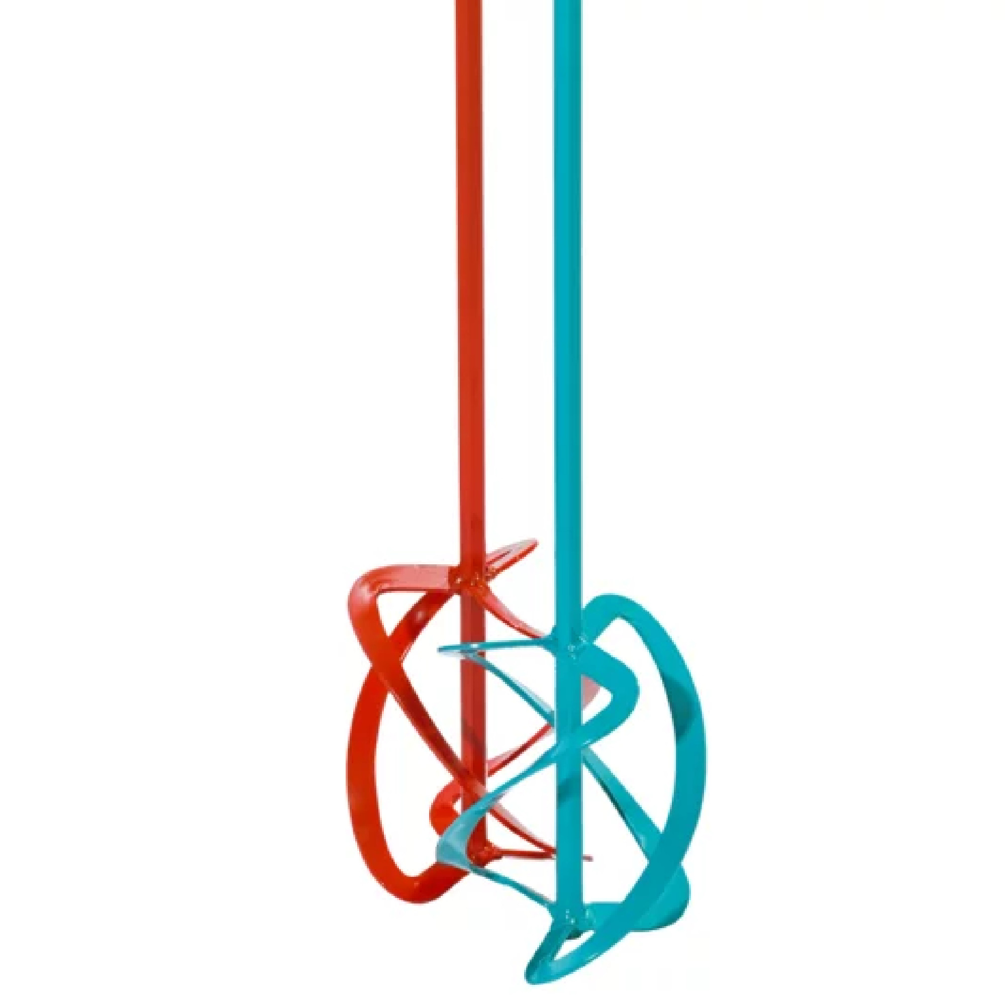 Das Bild zeigt einen zweifarbigen Rührer mit zwei langen Stangen, eine rot und eine blau. Der Rührer hat spiralförmige und gewundene Elemente, die zum Mischen von Materialien verwendet werden können. Der Hintergrund ist einfarbig weiß.